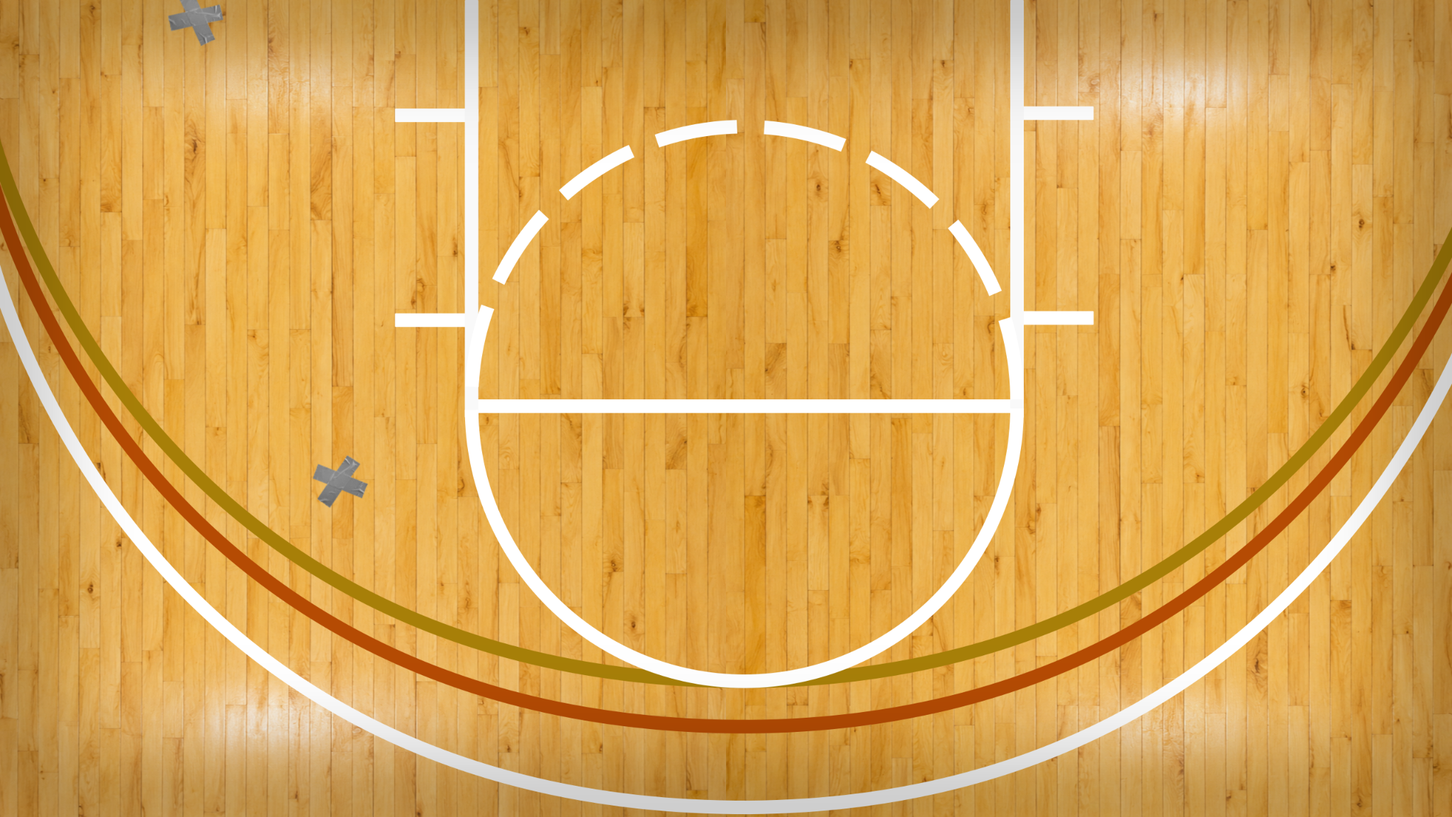 The Rook's bright wooden rec court with taped floor marks and painted arcs.