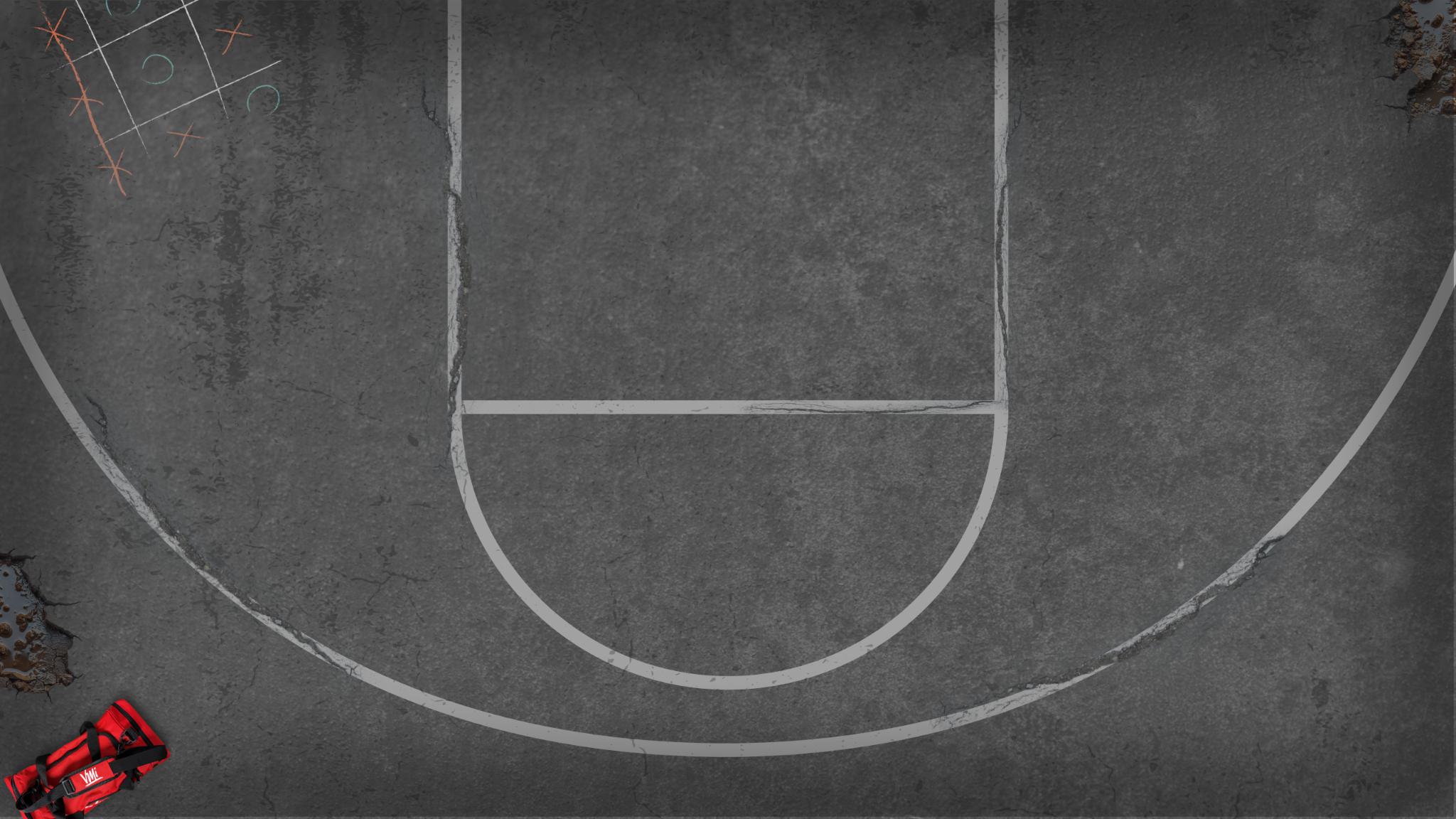 The Vet's dark outdoor court with worn paint, cracks, chalk marks, and a red bag in the corner.