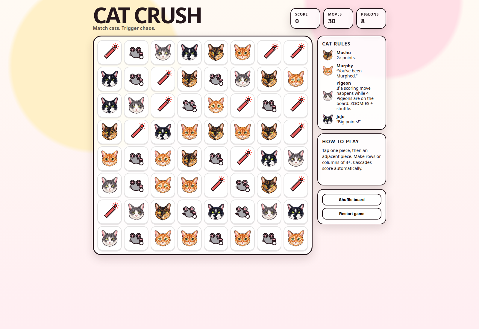 Archived early Cat Crush prototype with a plain title, a simpler board and sidebar, and Mouse and Laser Pointer pieces.