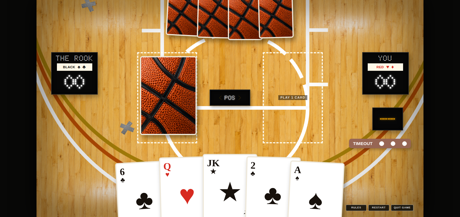 Archived early playable DUNK web build showing the court, mixed-color playing cards, and a Joker in the player's hand.