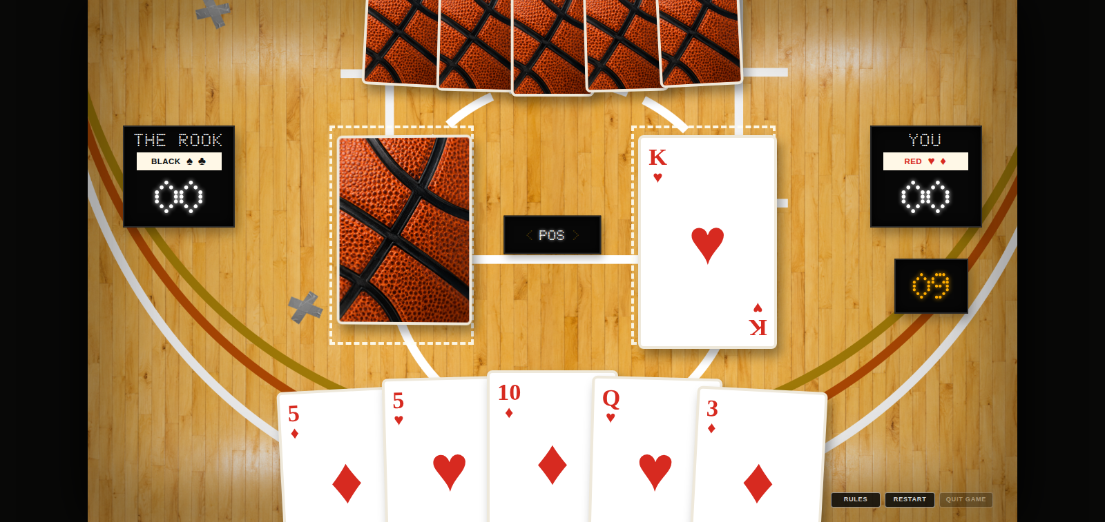 Current DUNK gameplay on The Rook's court with LED scores, shot clock, possession indicator, opponent cards, a played King, and a fanned Red hand.