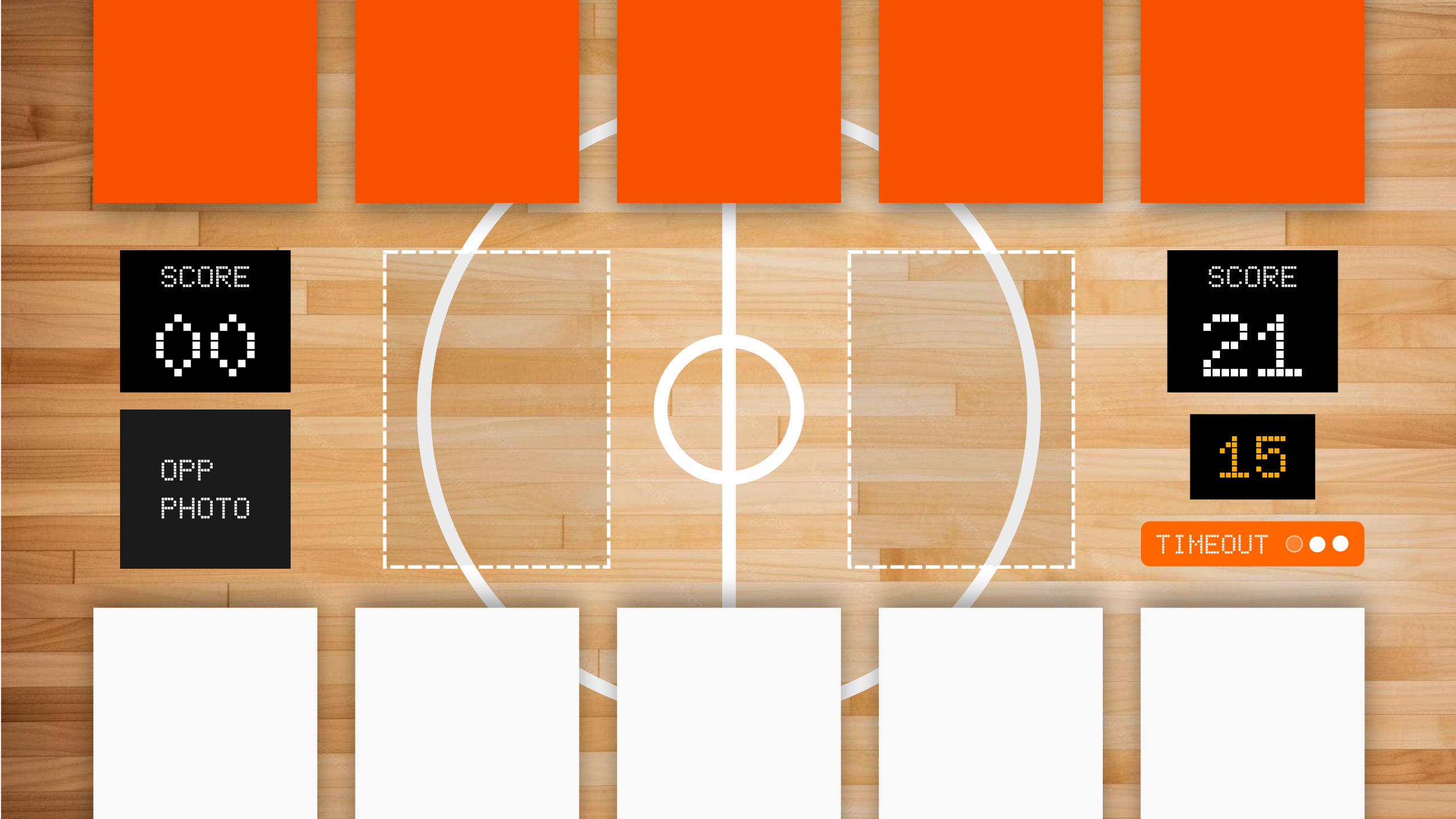 Early DUNK screen layout study with a wooden court, scoreboard placeholders, shot clock, and large card positions.