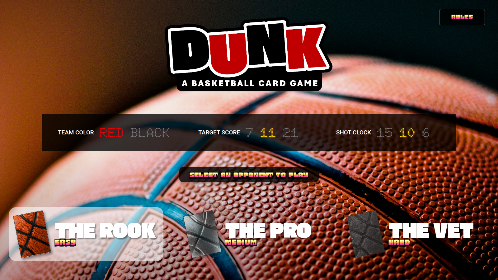 DUNK title screen with a basketball background, team settings, and three opponent choices.